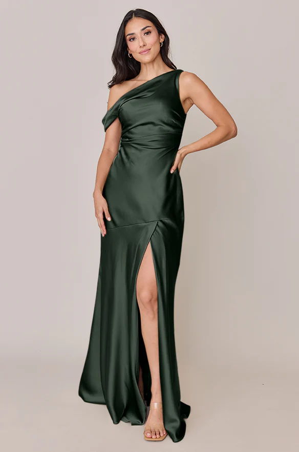 Sample Deep Olive Livvy Satin Dress | Ready To Ship
