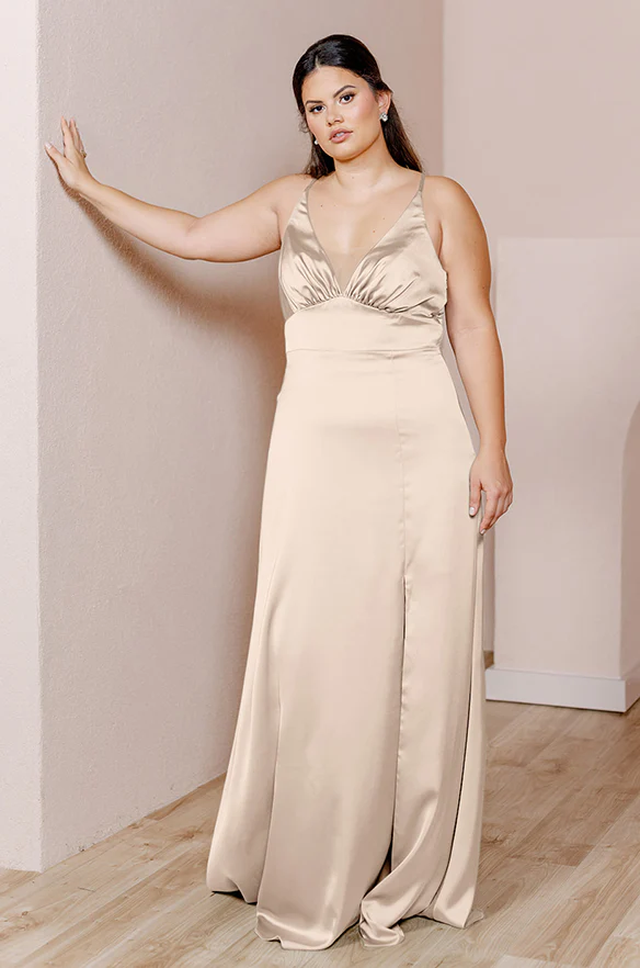 Sample Gold Champagne Carmen Satin Dress | Ready To Ship
