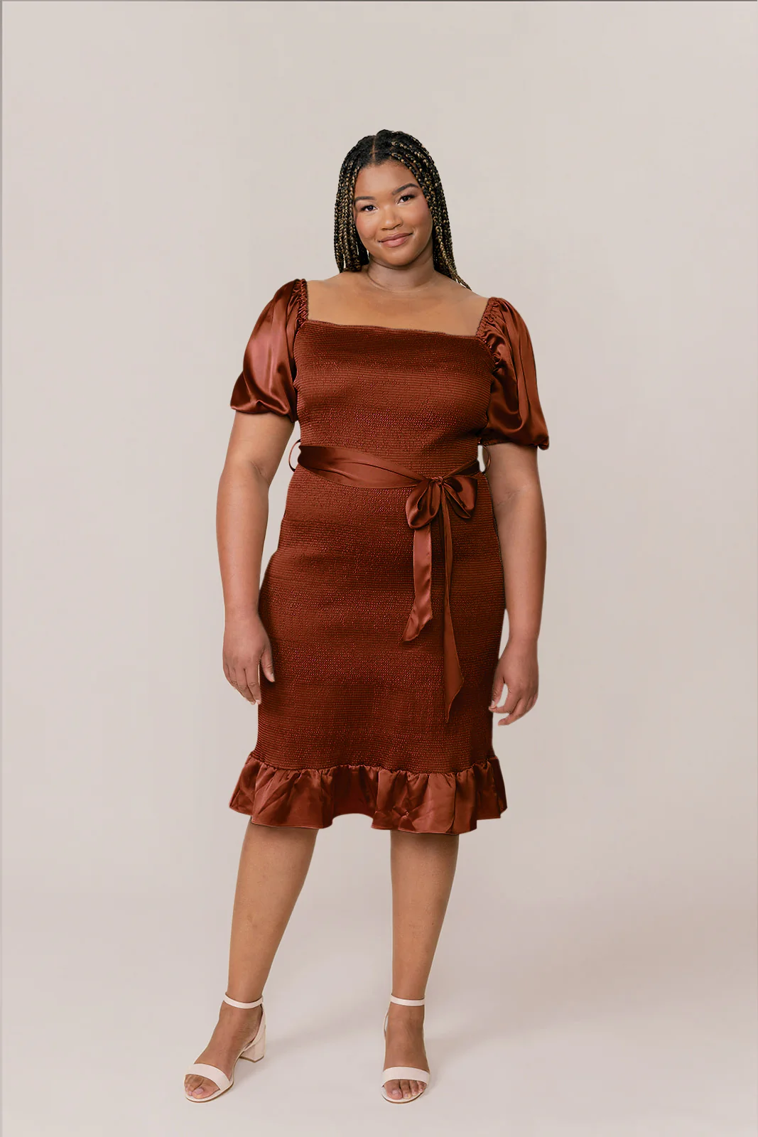 Sample Rust Dallas Satin Shirring Dress | Ready To Ship