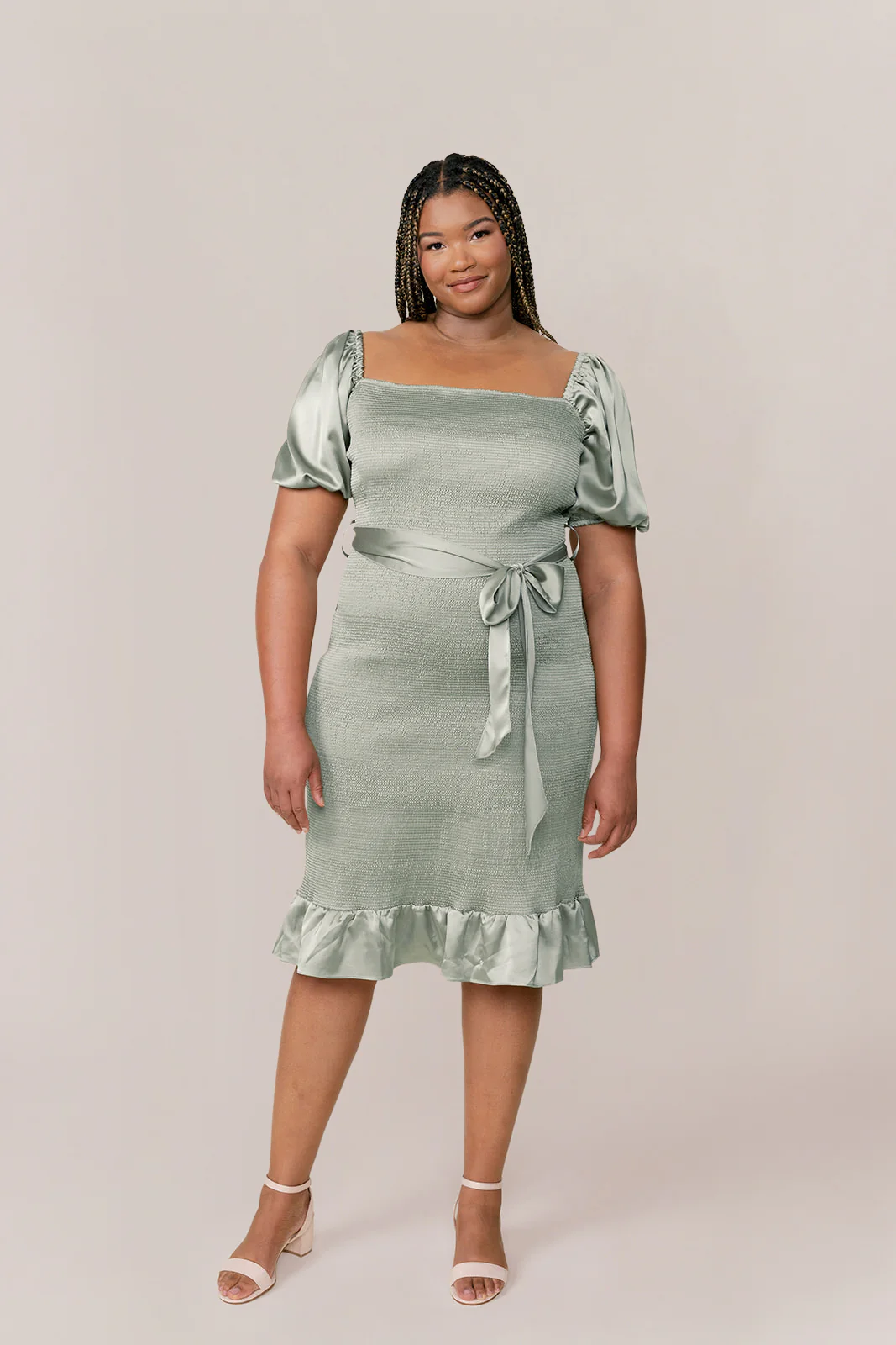 Sample Sage Dallas Satin Shirring Dress | Ready To Ship