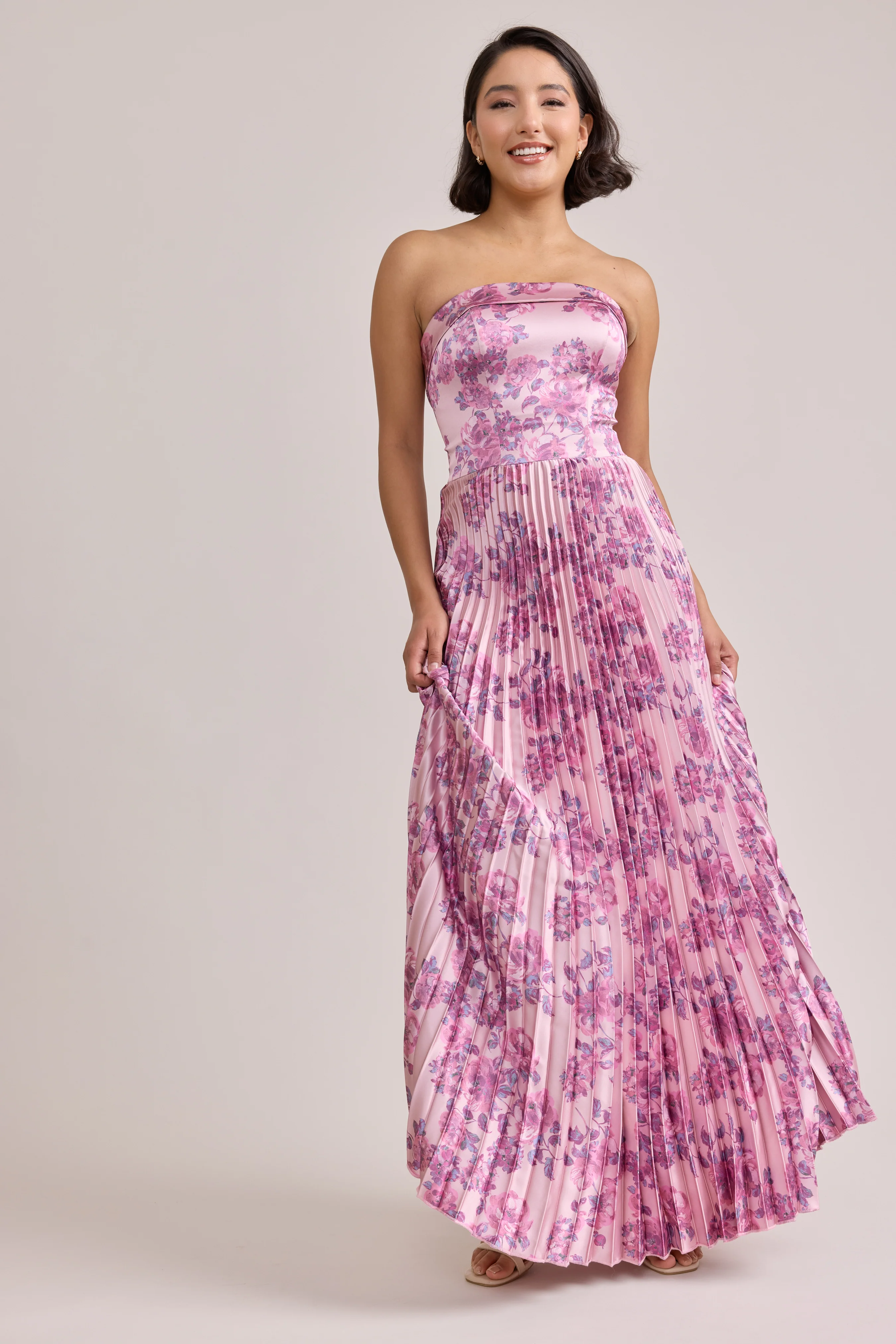 Saylor Satin Pleated Floral Print Dress | Made To Order - Image 78
