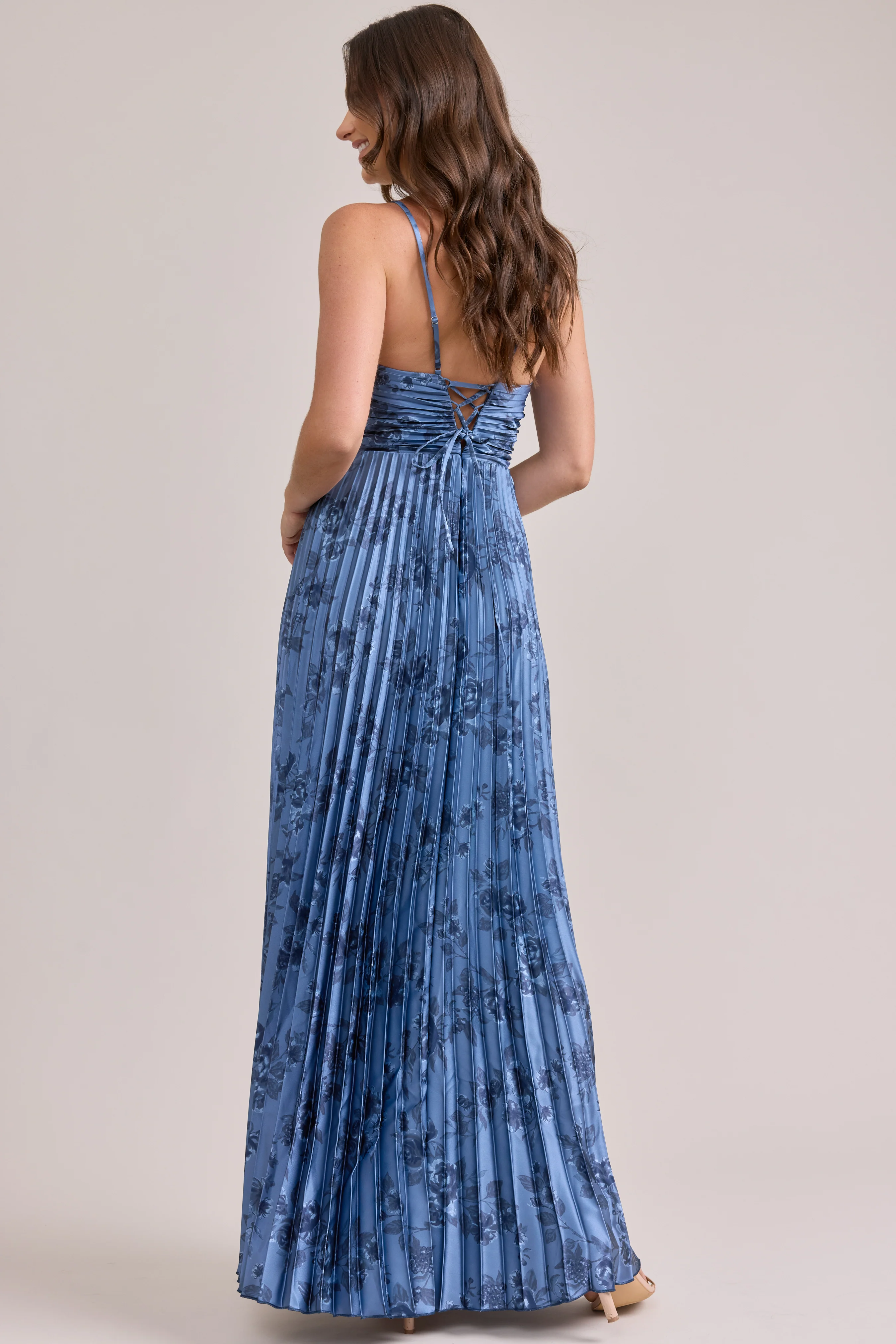 Vivian Satin Pleated Floral Print Dress | Made To Order - Image 14