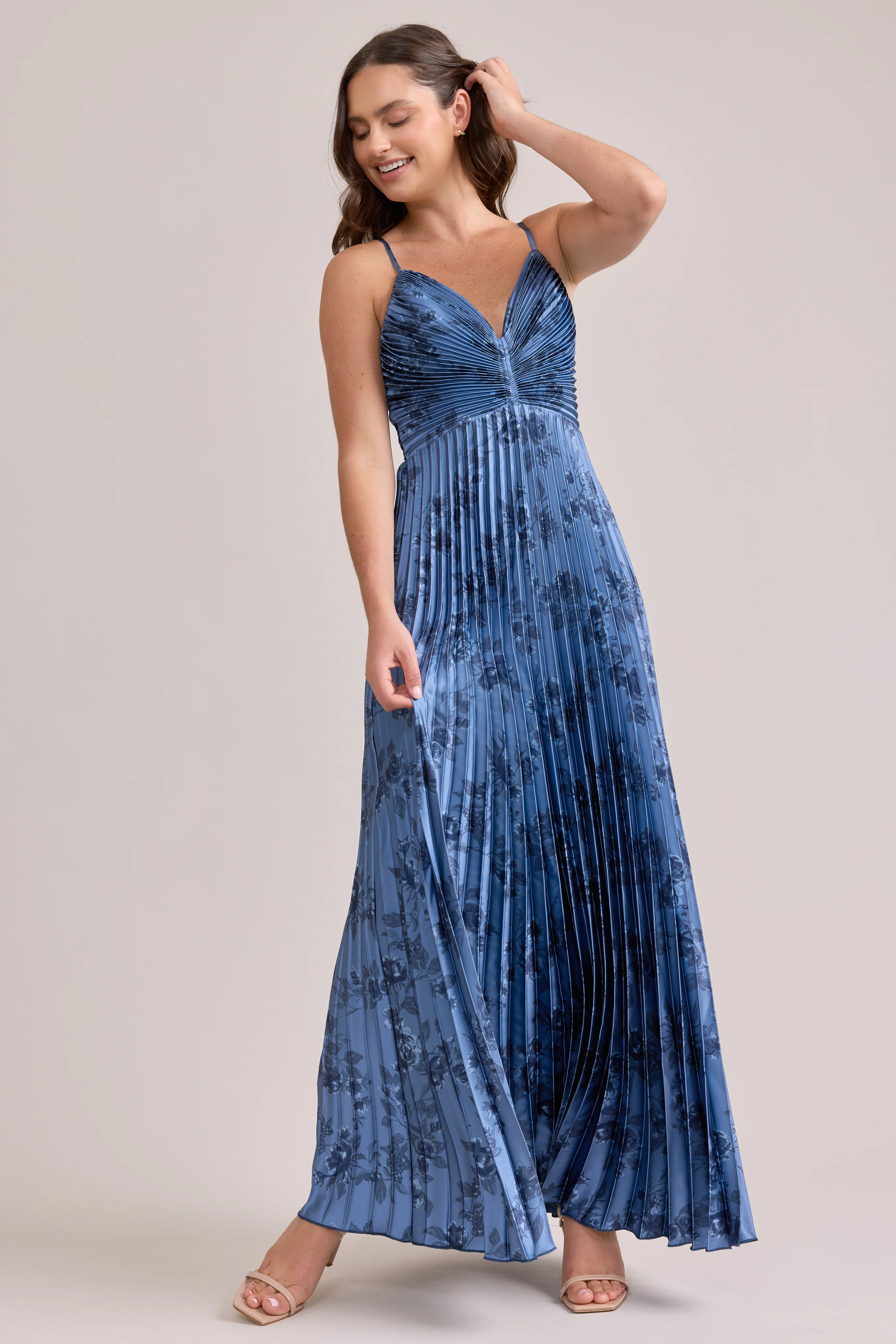 Vivian Satin Pleated Floral Print Dress | Made To Order - Image 15