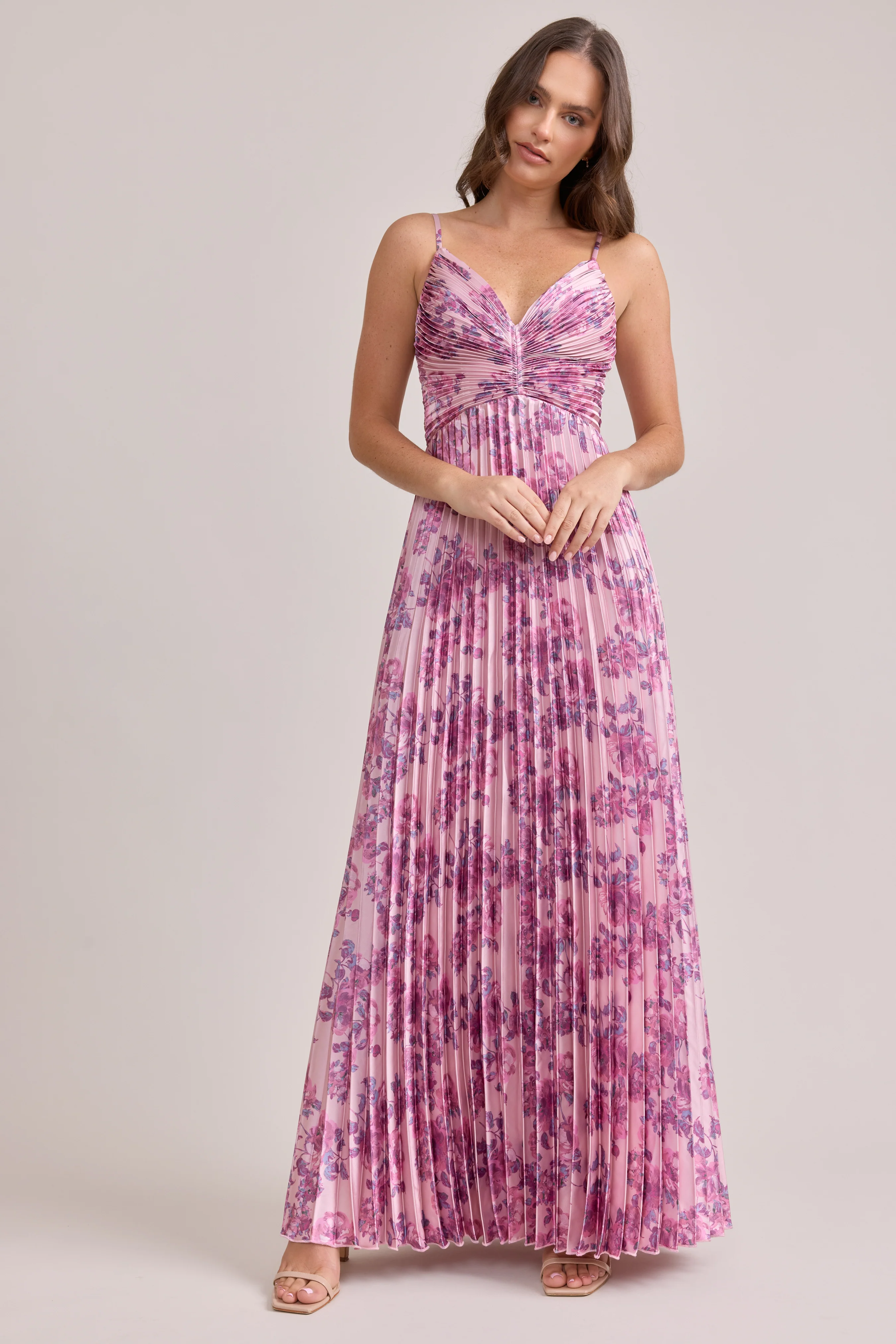 Vivian Satin Pleated Floral Print Dress | Made To Order - Image 4