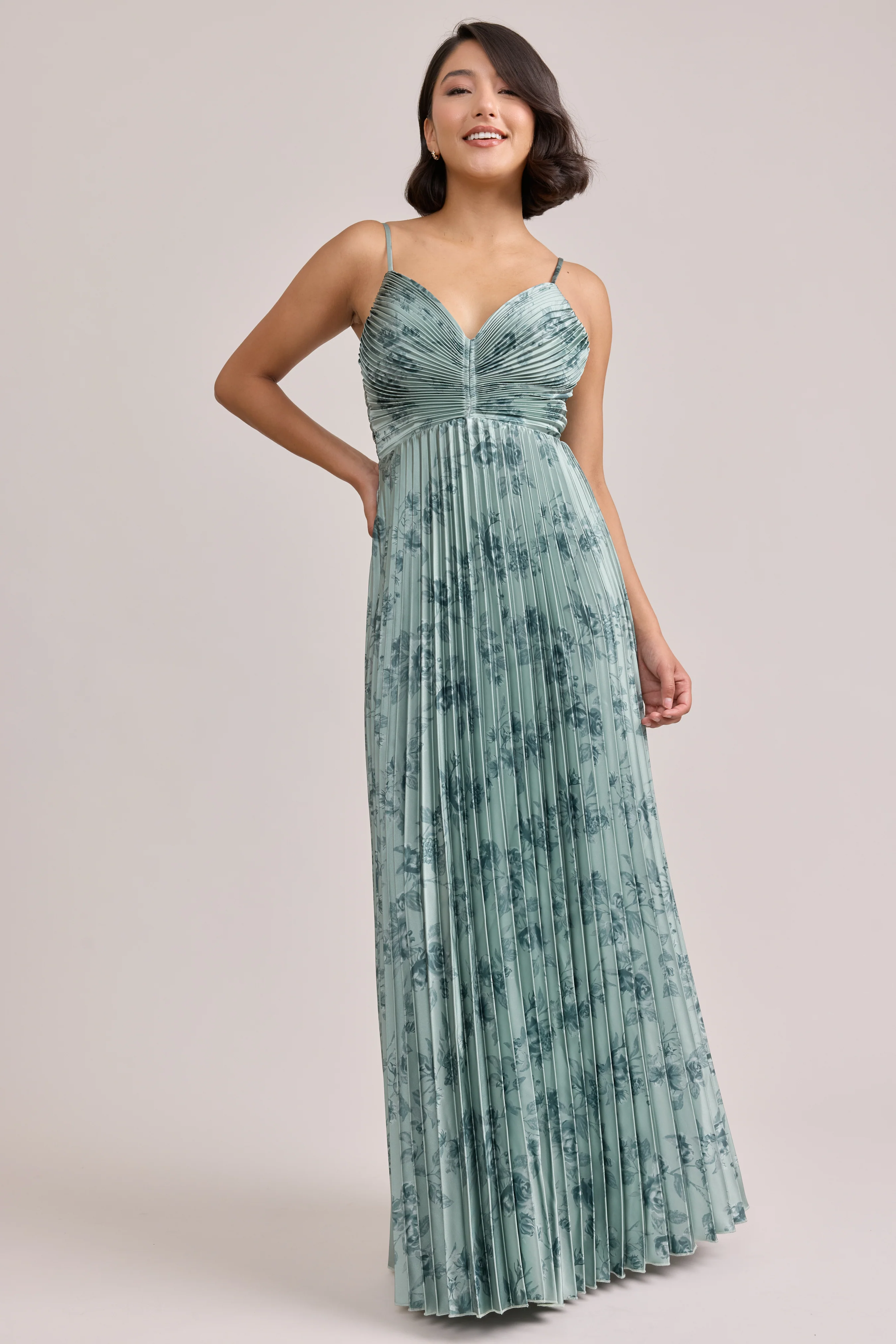 Vivian Satin Pleated Floral Print Dress | Made To Order - Image 43